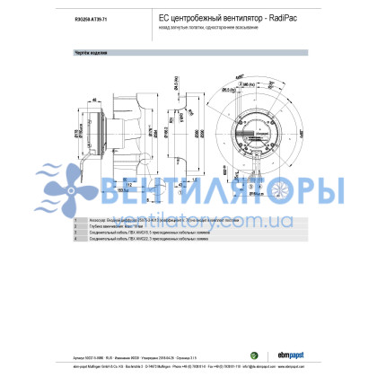 Вентилятор Ebmpapst R3G250-AT39-71 центробежный EC - снят с производства